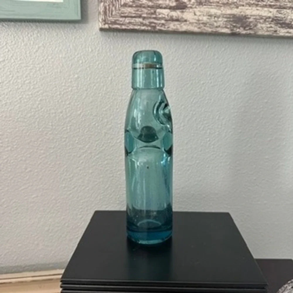 Vintage Codd Neck Teal Blue Glass Ramune Japanese Soda Bottle w/Marble 8 oz.